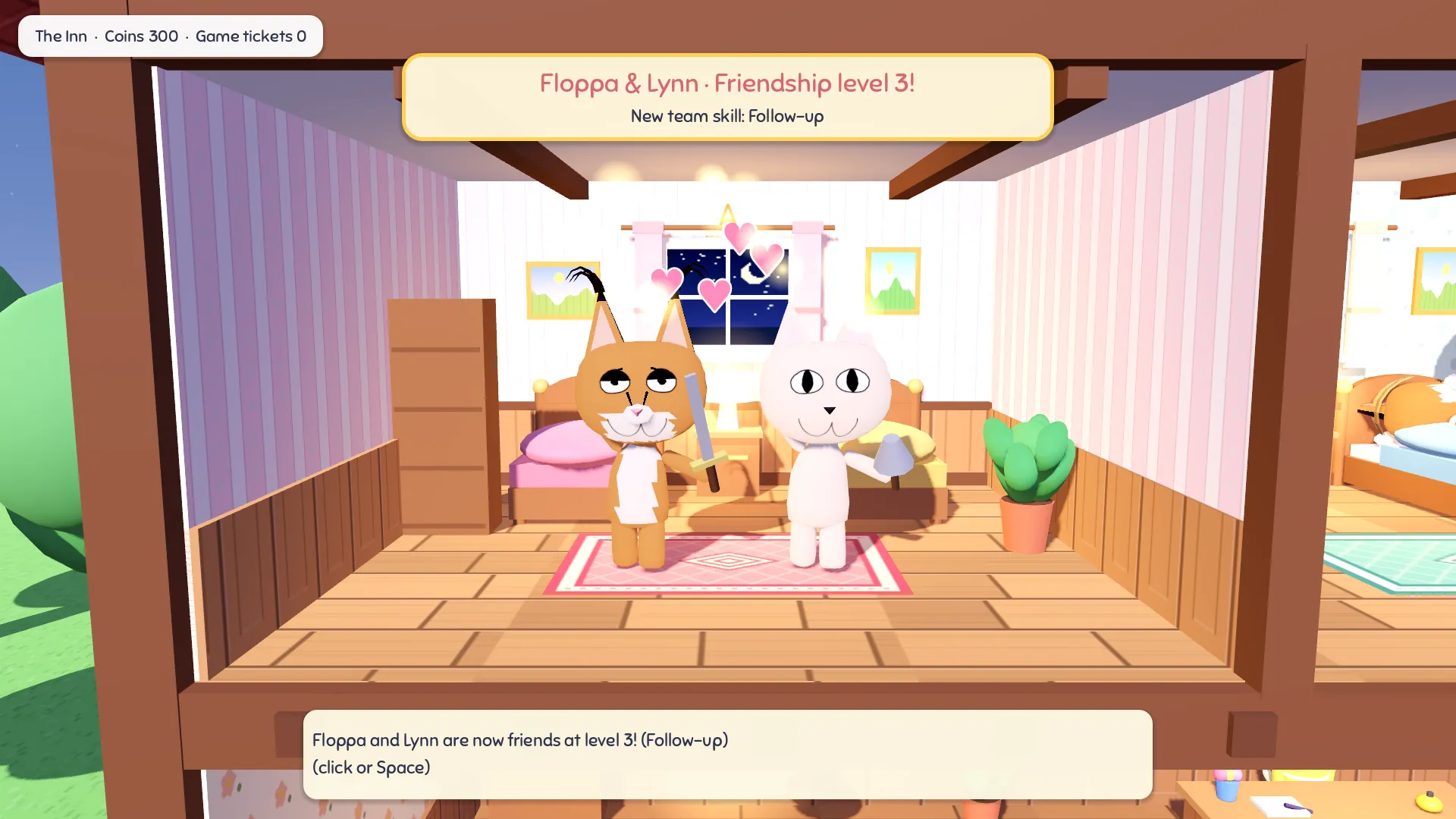 Two cats cheer in a lamp-lit bedroom as pink hearts rise, with a gold banner: Floppa and Lynn, friendship level 3, new team skill: Follow-up