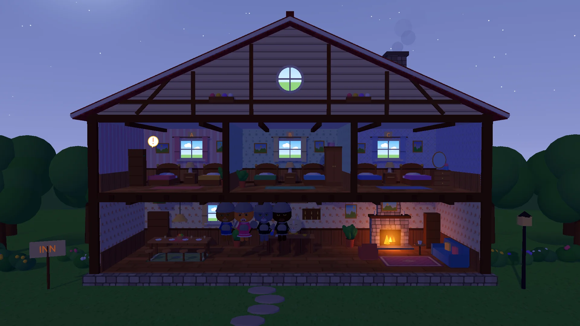 A two-storey inn shown as a doll's house at night: three lamp-lit bedrooms upstairs, the team gathered in the lobby below by the dining table and a glowing fireplace, a starry sky, a lamp post and an inn sign in the garden