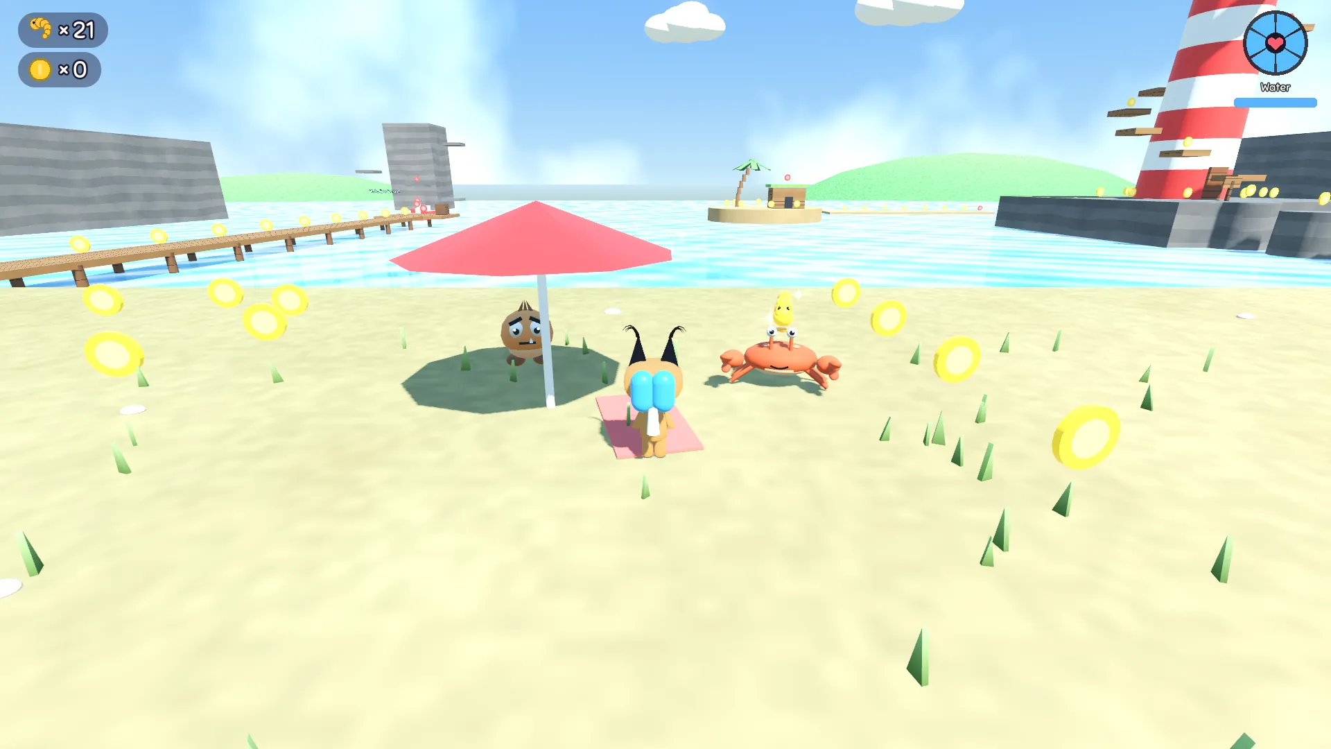 Floppa with a water backpack on a beach towel under a red umbrella in Sunshell Bay, a grumbler in the shade and a smiling orange crab holding a golden shrimp on its back, with a lighthouse, a pier and coins