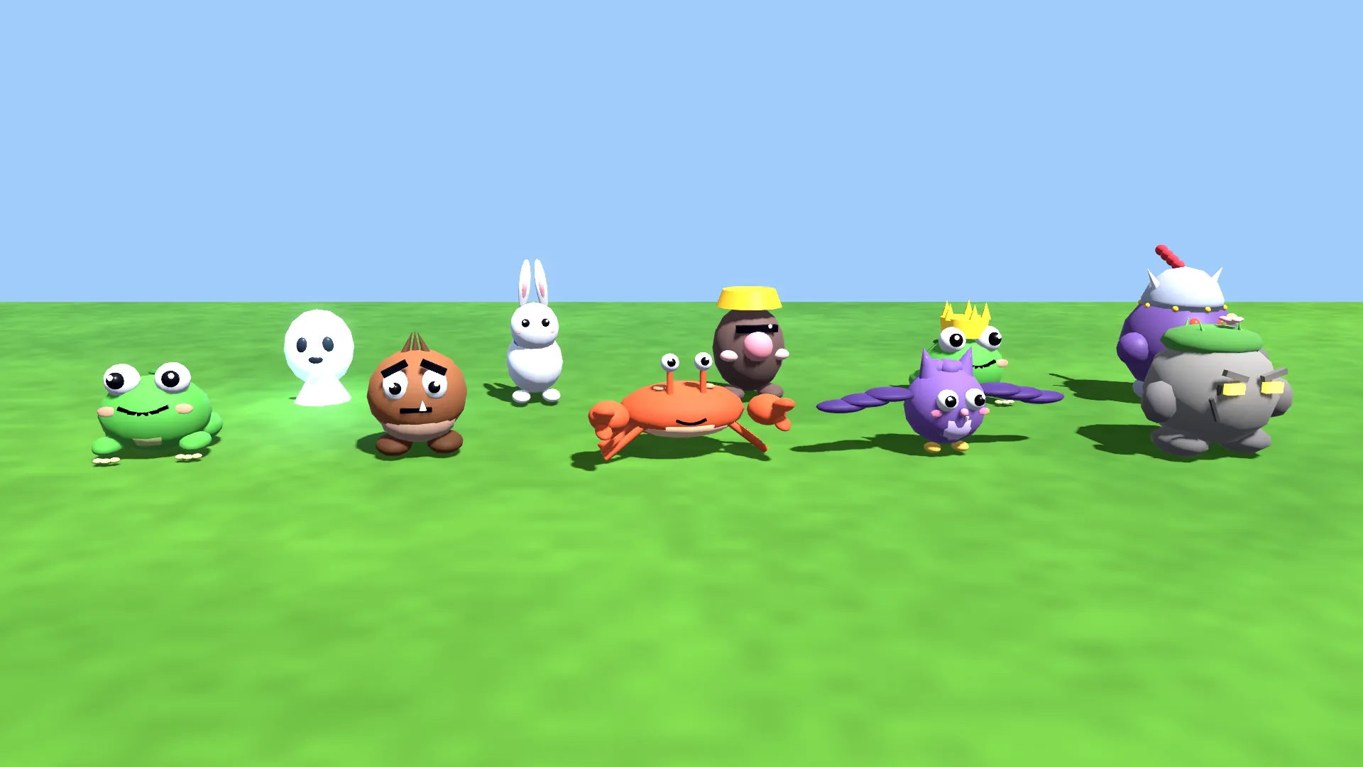 Ten round toy-like creatures on grass: a frog, a ghost, a grumpy chestnut, a white hare, a crab, a mole with goggles and a hard hat, a frog king, a purple bat, a big armoured bonker and a stone golem with glowing eyes