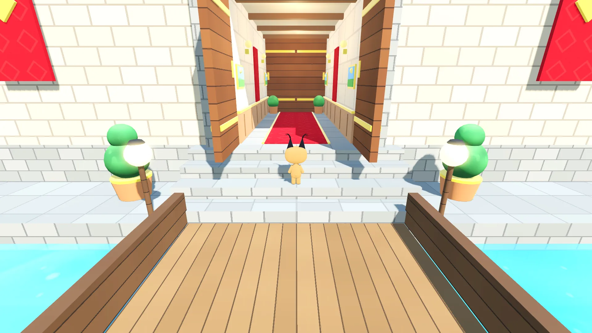 Floppa climbs the white palace steps between glowing lanterns and potted topiary; the big front doors stand open onto a foyer with a red carpet, framed paintings and wood panelling