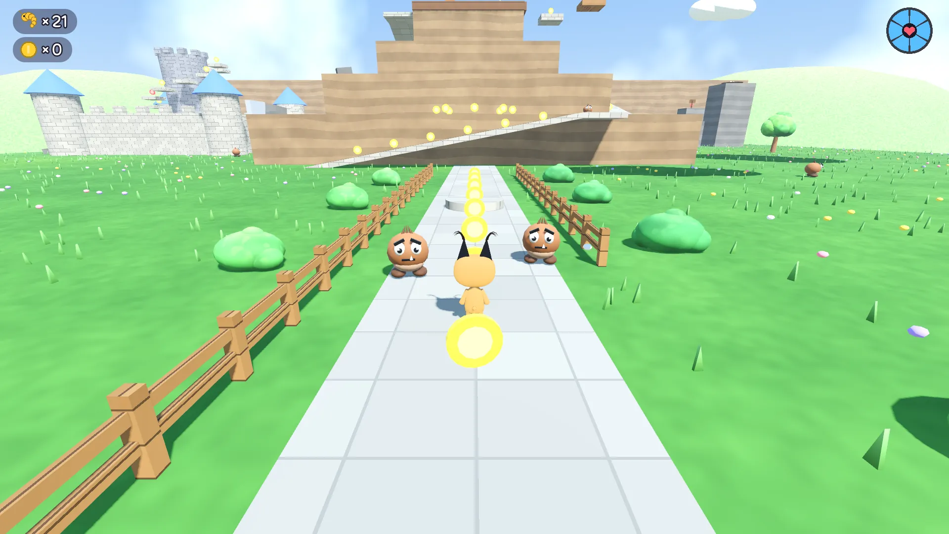Floppa runs up a stone path toward a hill with a fort on top while two round, worried-looking grumblers with big shiny eyes and little teeth wait at the edges of the path, with fences, round bushes and a line of coins