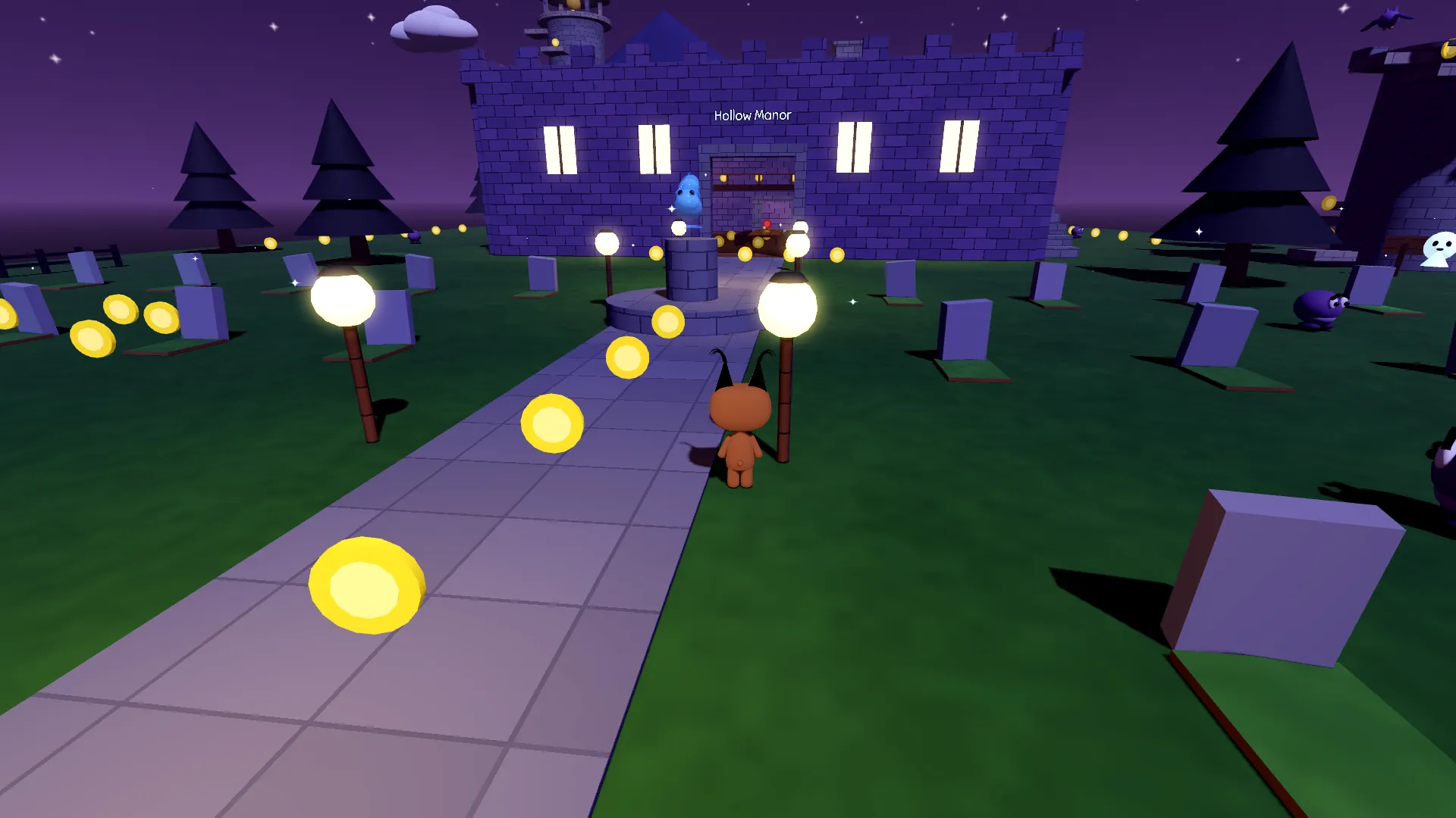 Floppa on a stone path through a night graveyard under a starry sky, with lanterns, tombstones, pale wisps and coins, toward a brick manor with lit windows