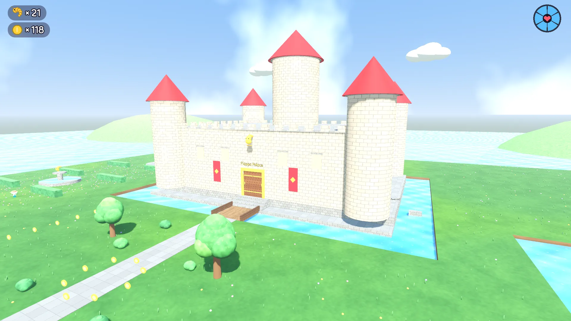 Floppa Palace from above: a sandstone palace with red tower roofs on a moat island, round bushes and trees along the path, the garden with a fountain and soft clouds in the sky