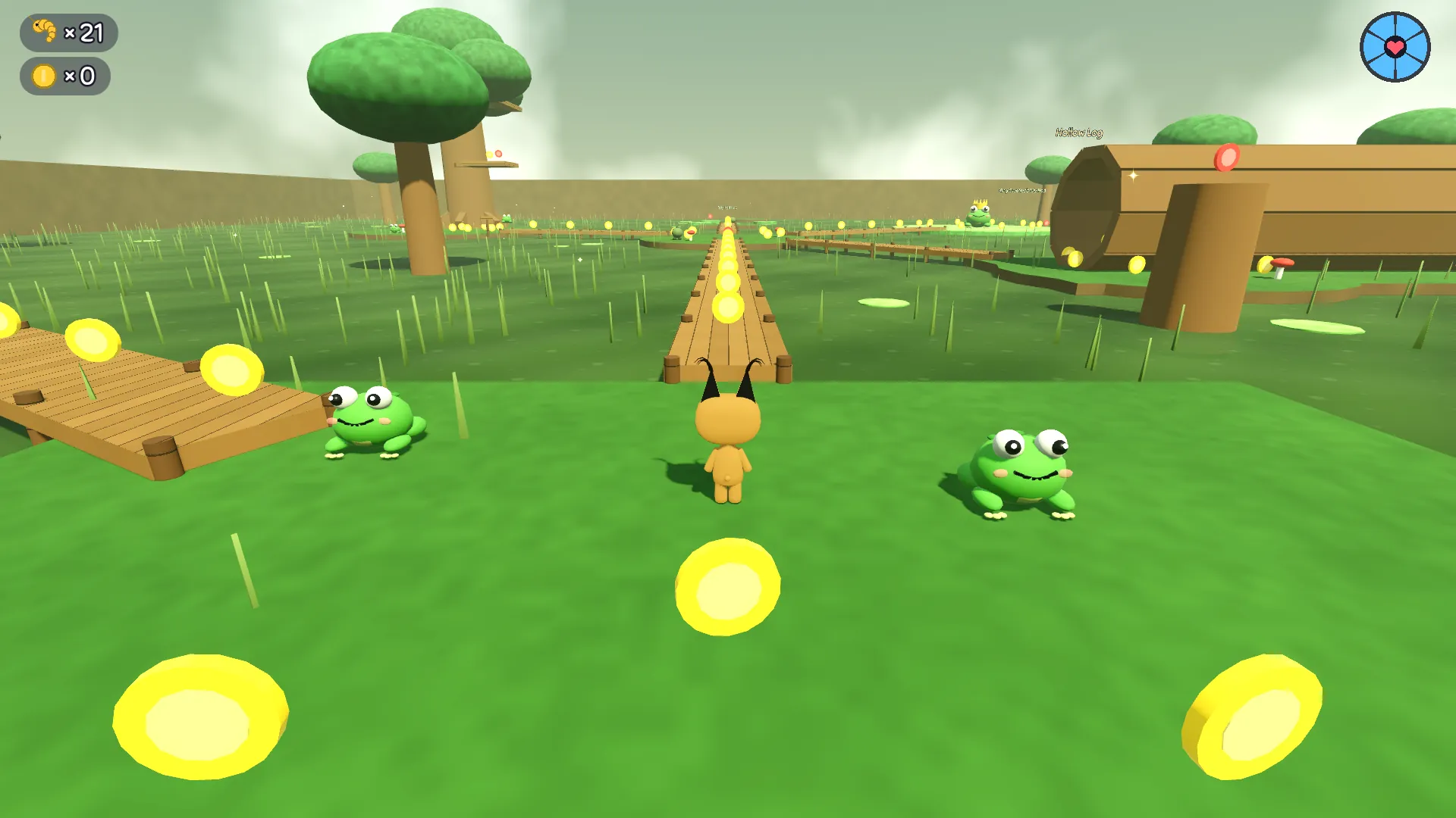 Floppa in Croaker Swamp between two round green frogs with big shiny eyes and pink cheeks, with a boardwalk, a hollow log, murky water and coins