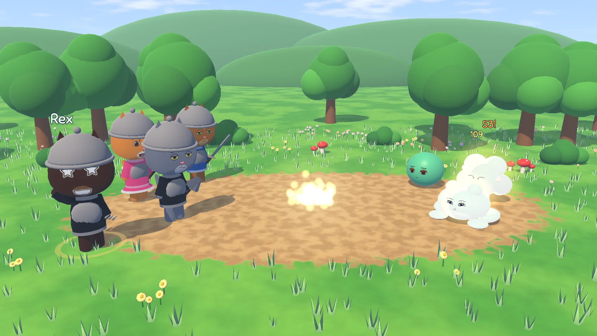 A sunny meadow battle: a hero with star eyes cheers after a hit, a slime and a frog monster burst into clouds and damage numbers pop up
