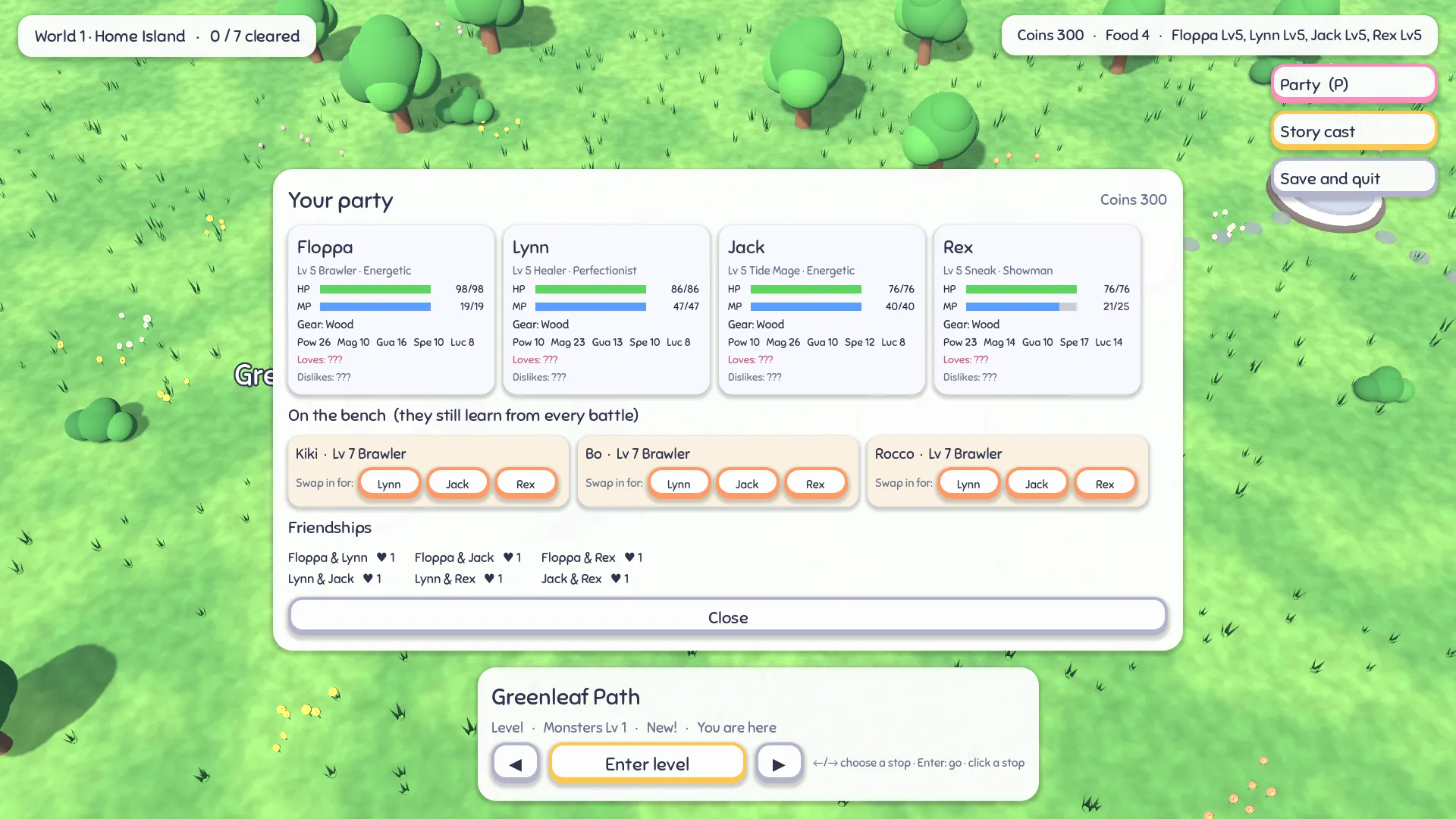 The party panel over the world map: four hero cards, and below them three friends on the bench, each with buttons to swap in for a fighter
