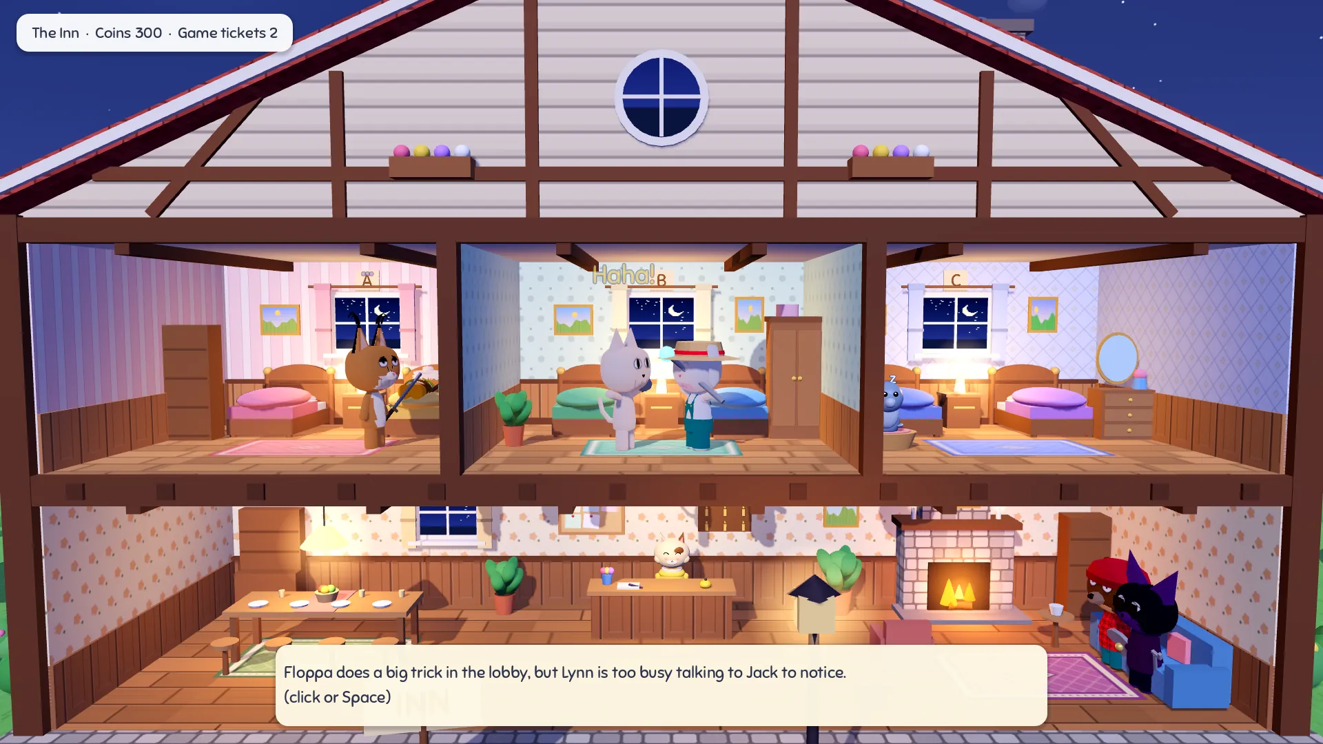 The upstairs of the inn at night: two heroes laugh together in one bedroom while a third watches from the next room with three dots above them