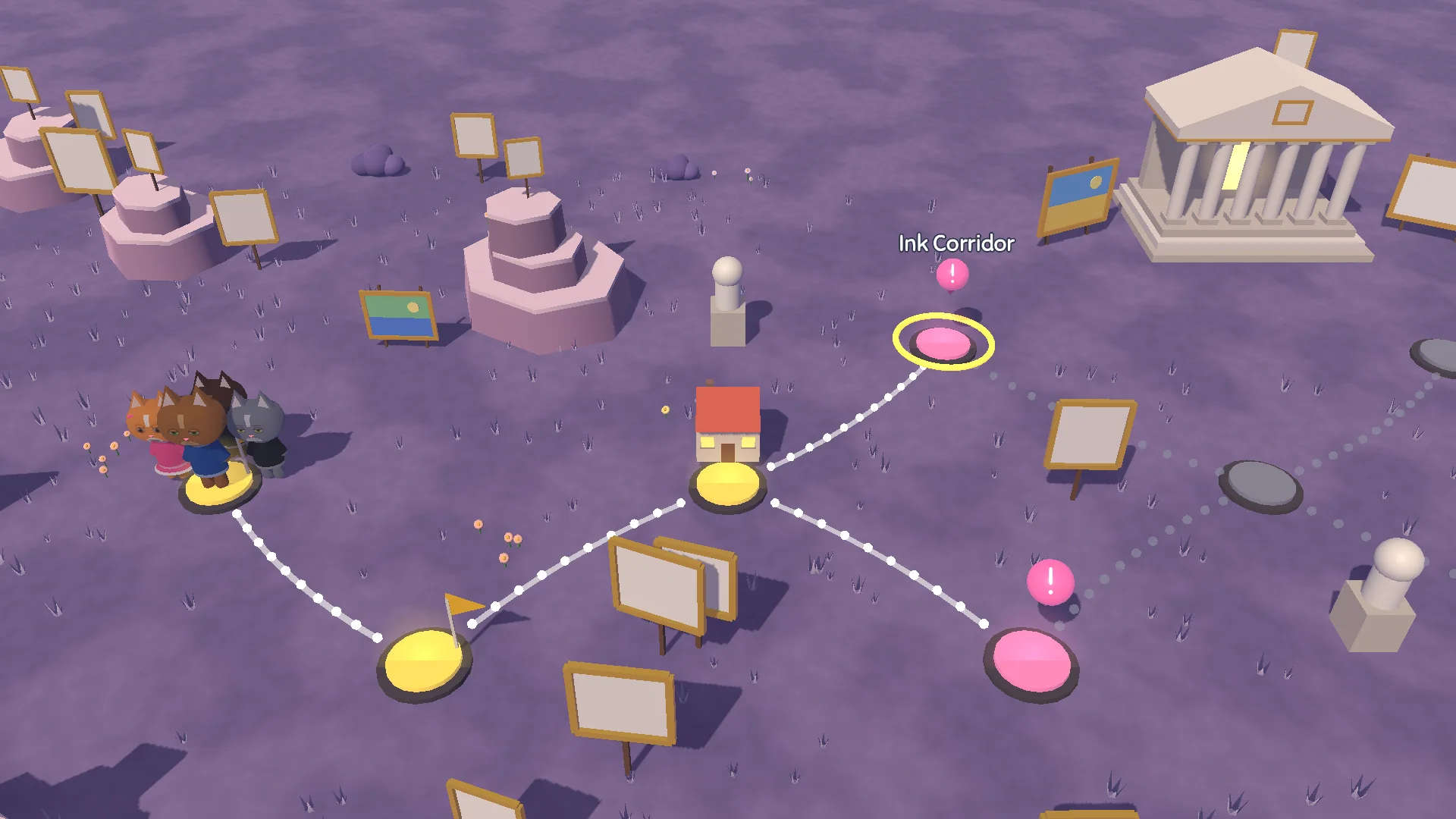 The Blank Gallery world map: purple ground with giant picture frames, a white museum at the back and glowing stops joined by dotted paths