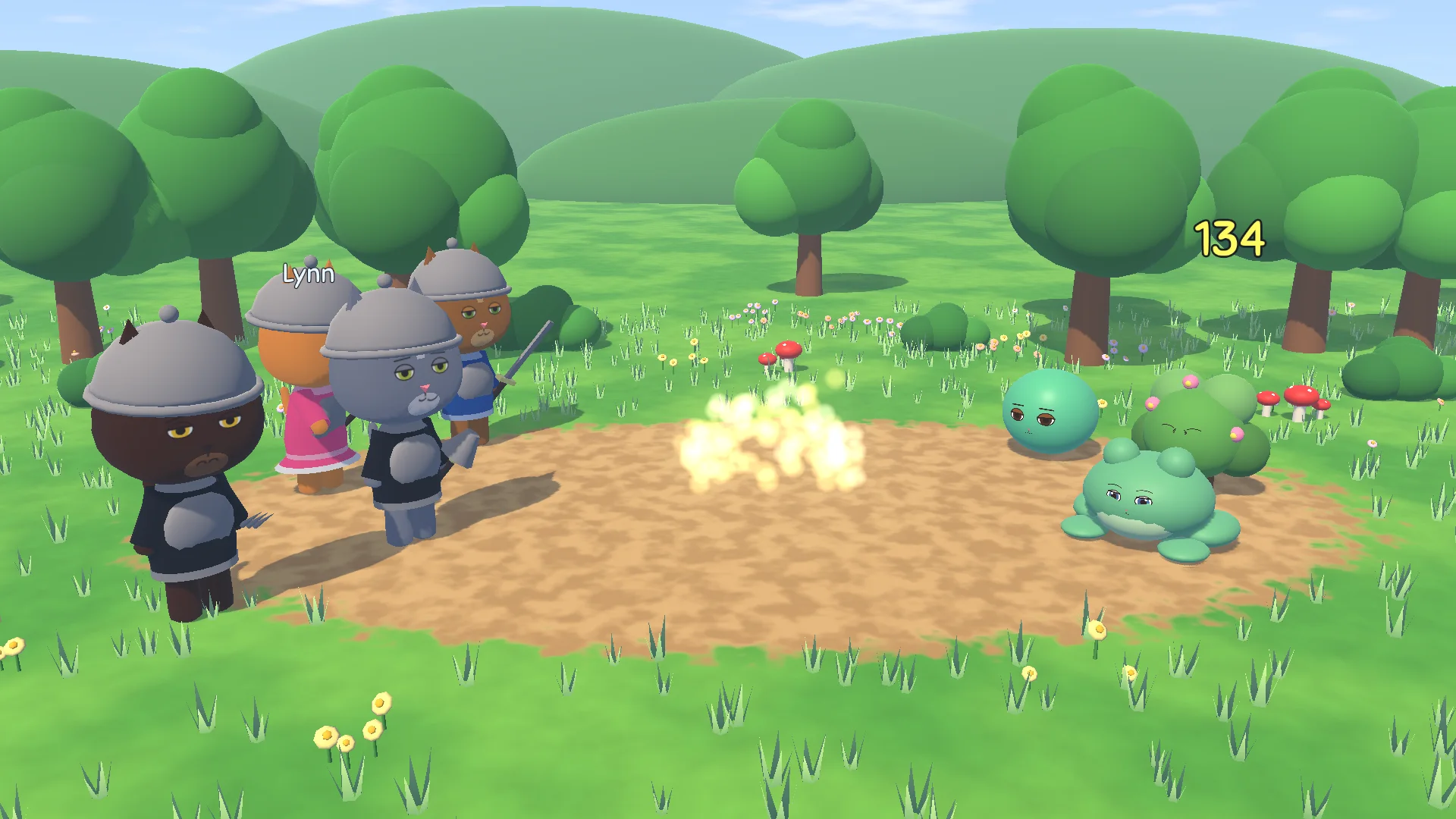 A meadow battle: four heroes in helmets face a slime and a frog monster while a spell bursts between them and a big 134 pops up