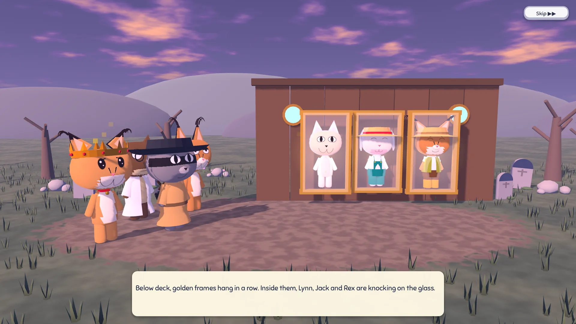 A wooden ship's cabin wall with portholes and three golden frames, each with a trapped hero inside, while the stand-in team looks on