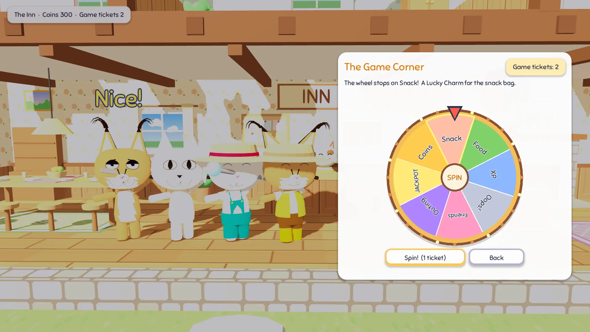 The inn's lobby with the team watching on the left and a colourful prize wheel on the right, landed on a prize