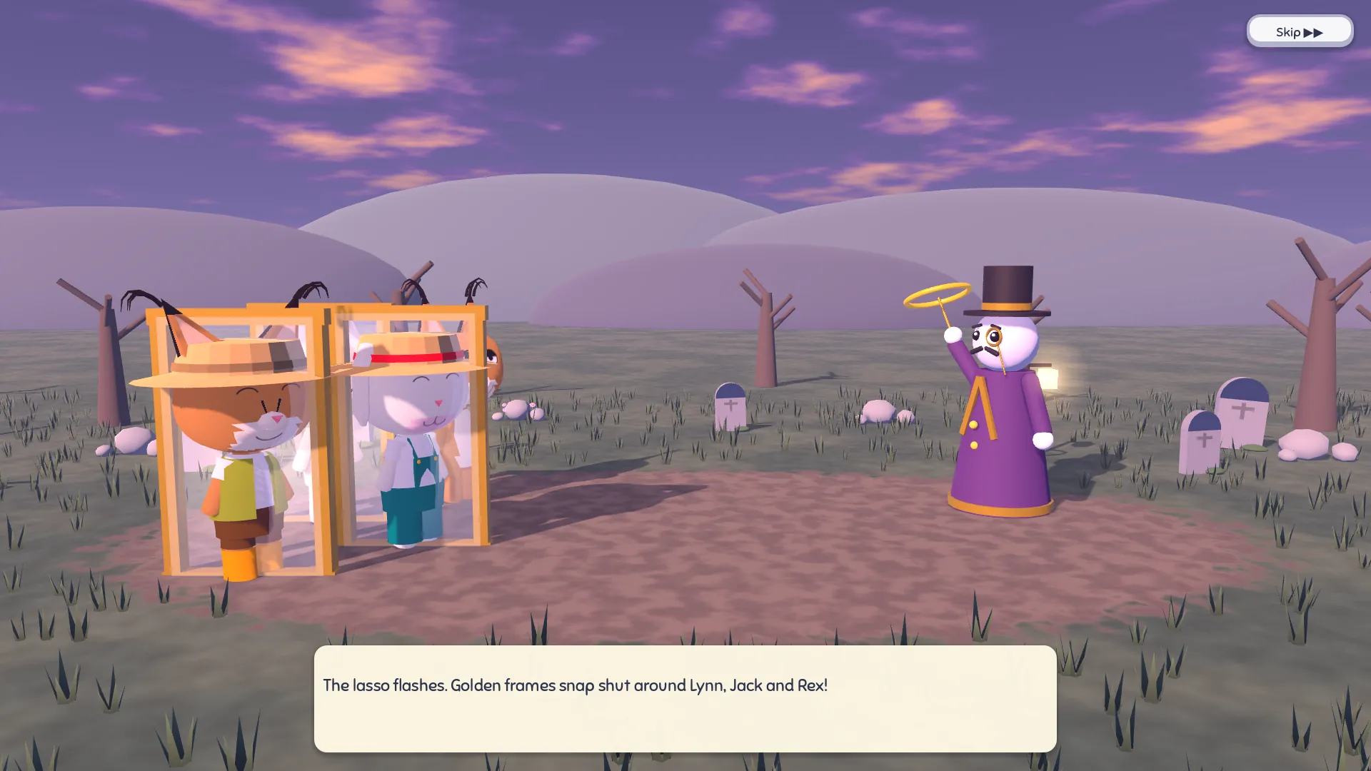 A graveyard at dusk: a tall figure in a purple coat, top hat and monocle raises a golden lasso while two heroes stand trapped inside golden glass frames
