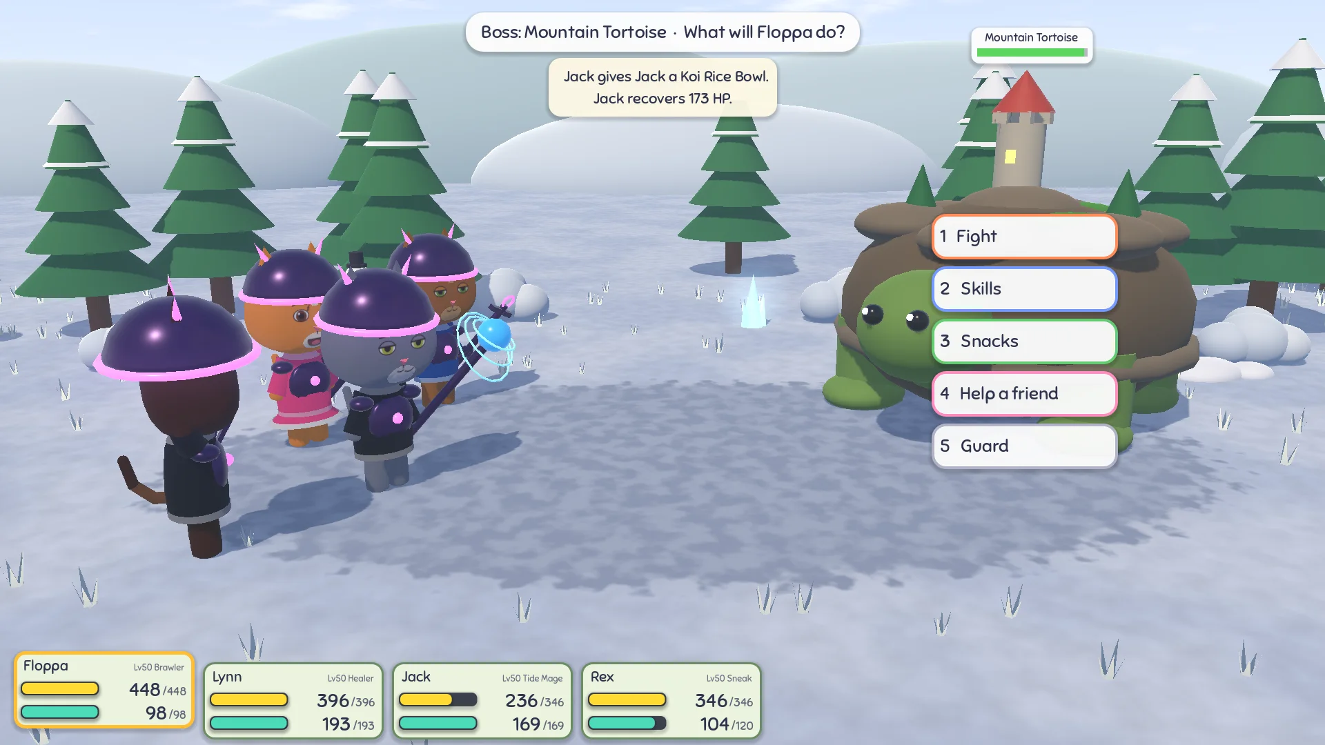 A snowy battle: the team faces the giant Mountain Tortoise with a little tower on its back, the command menu open