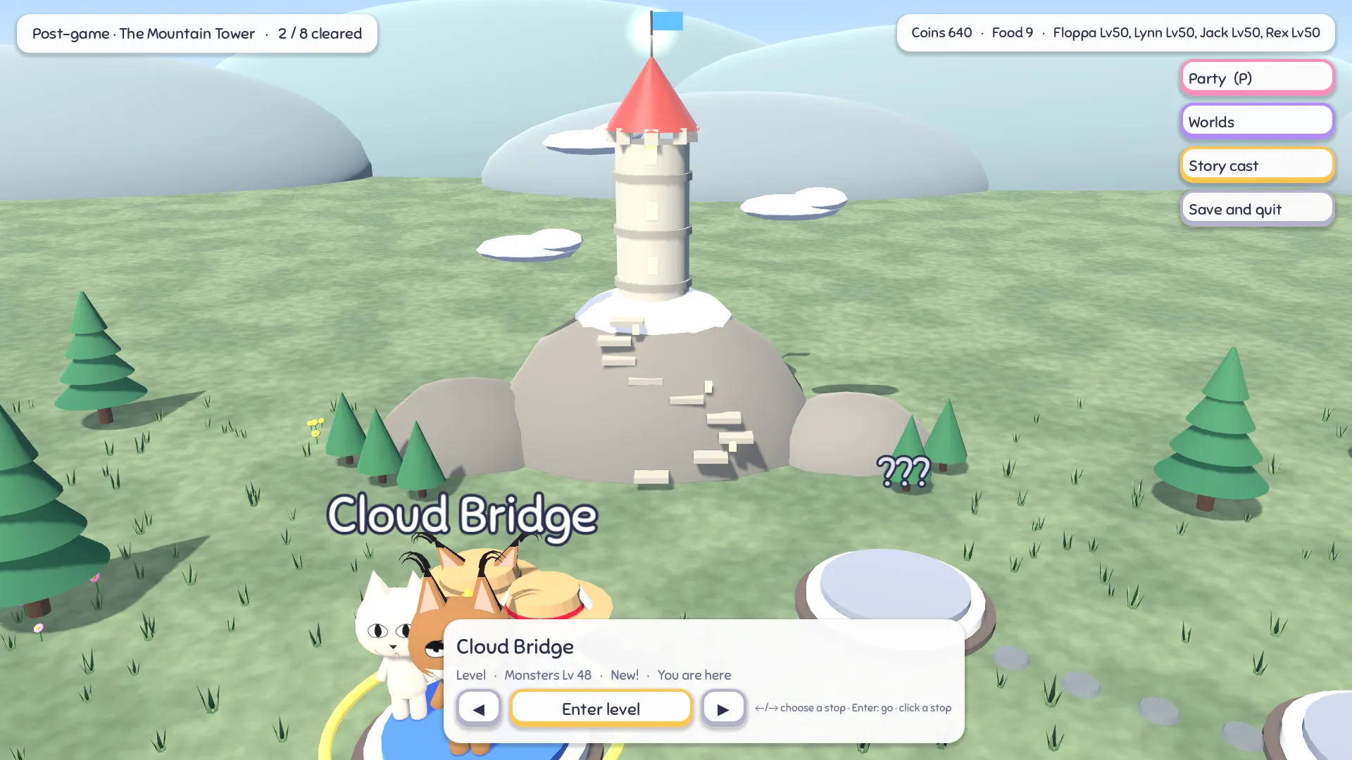 The world map of the Mountain Tower: a grey mountain with snow and stone steps up to a round white tower with a red roof and a blue flag, pine trees around it