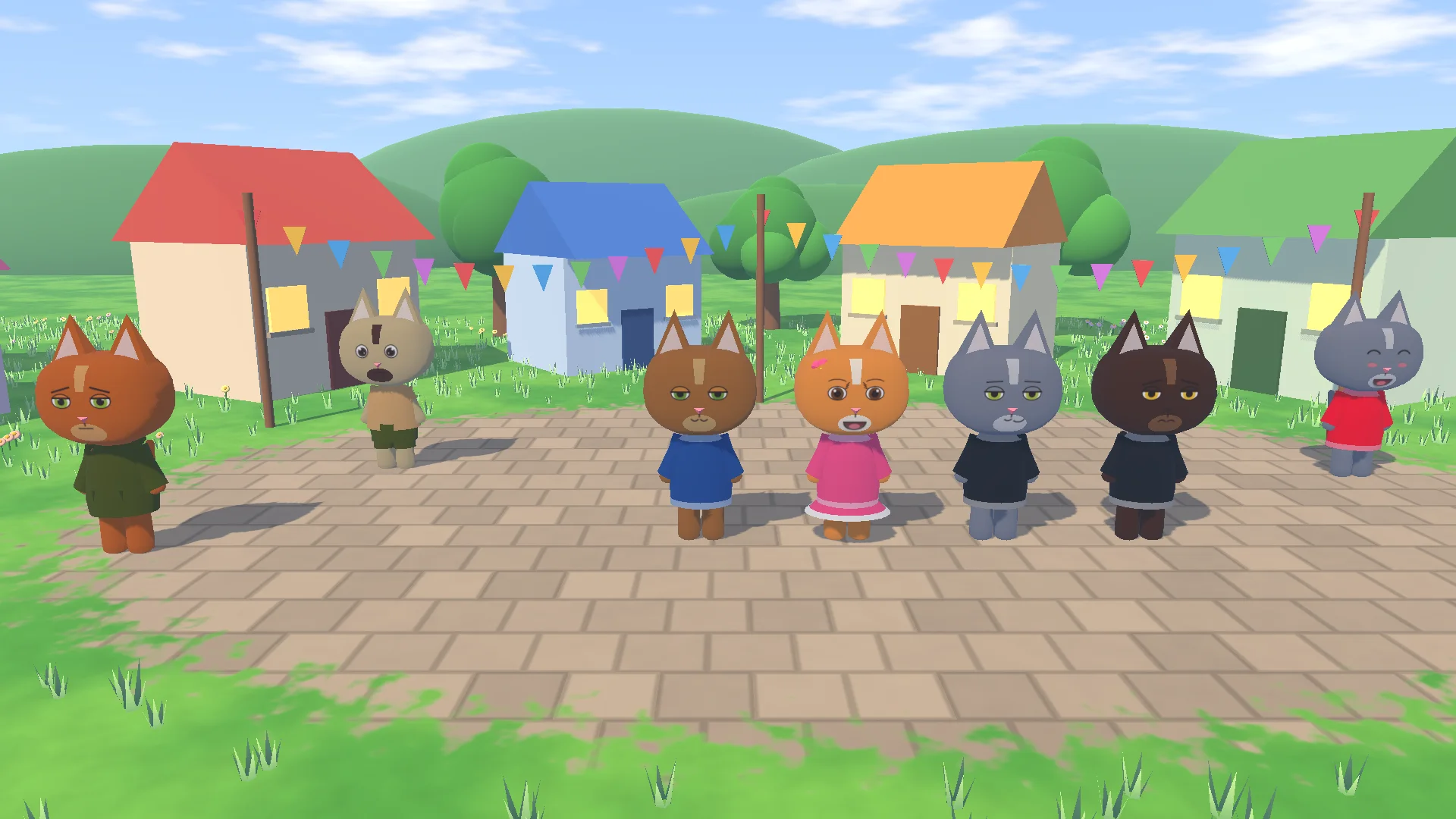 A town square with colourful houses and bunting, five heroes and villagers standing on the paving