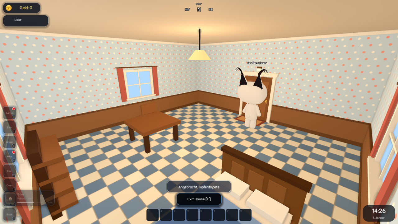 Checker tile floor and polka dot wallpaper