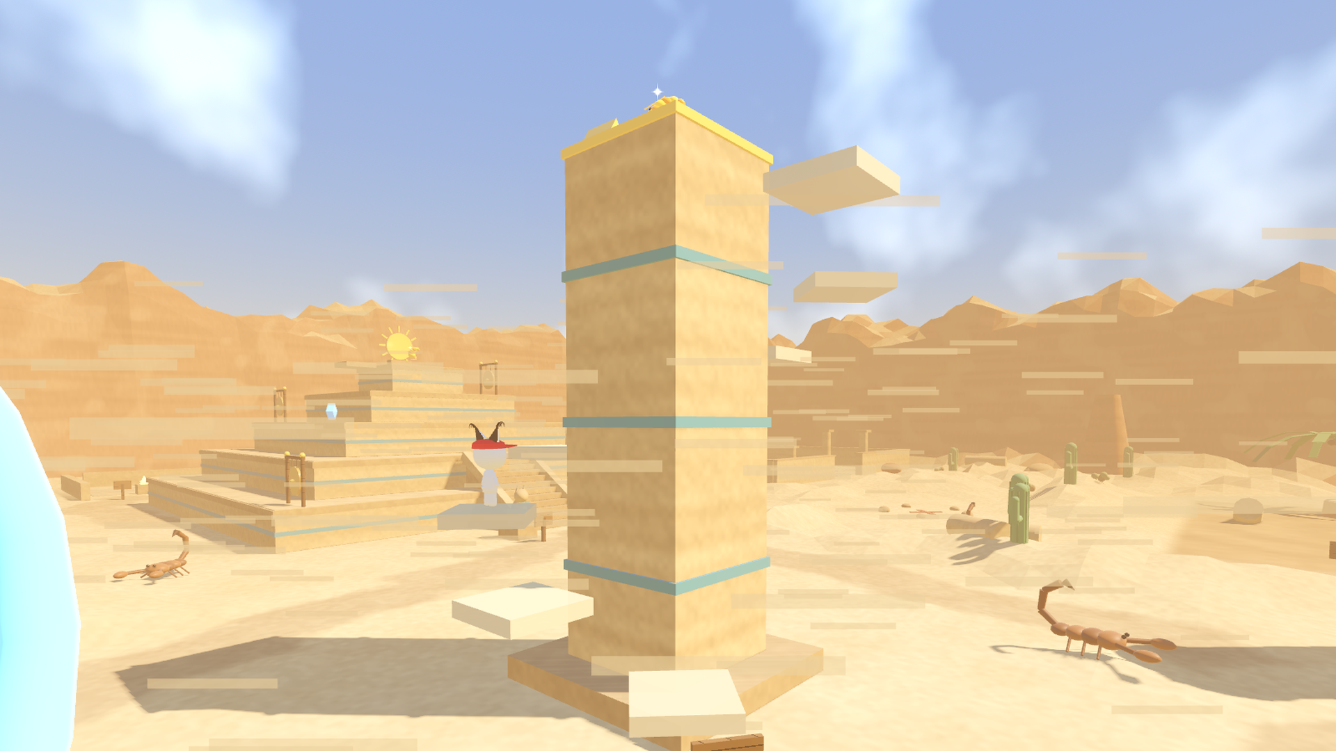 A sandstorm brings out the stone stair round the obelisk