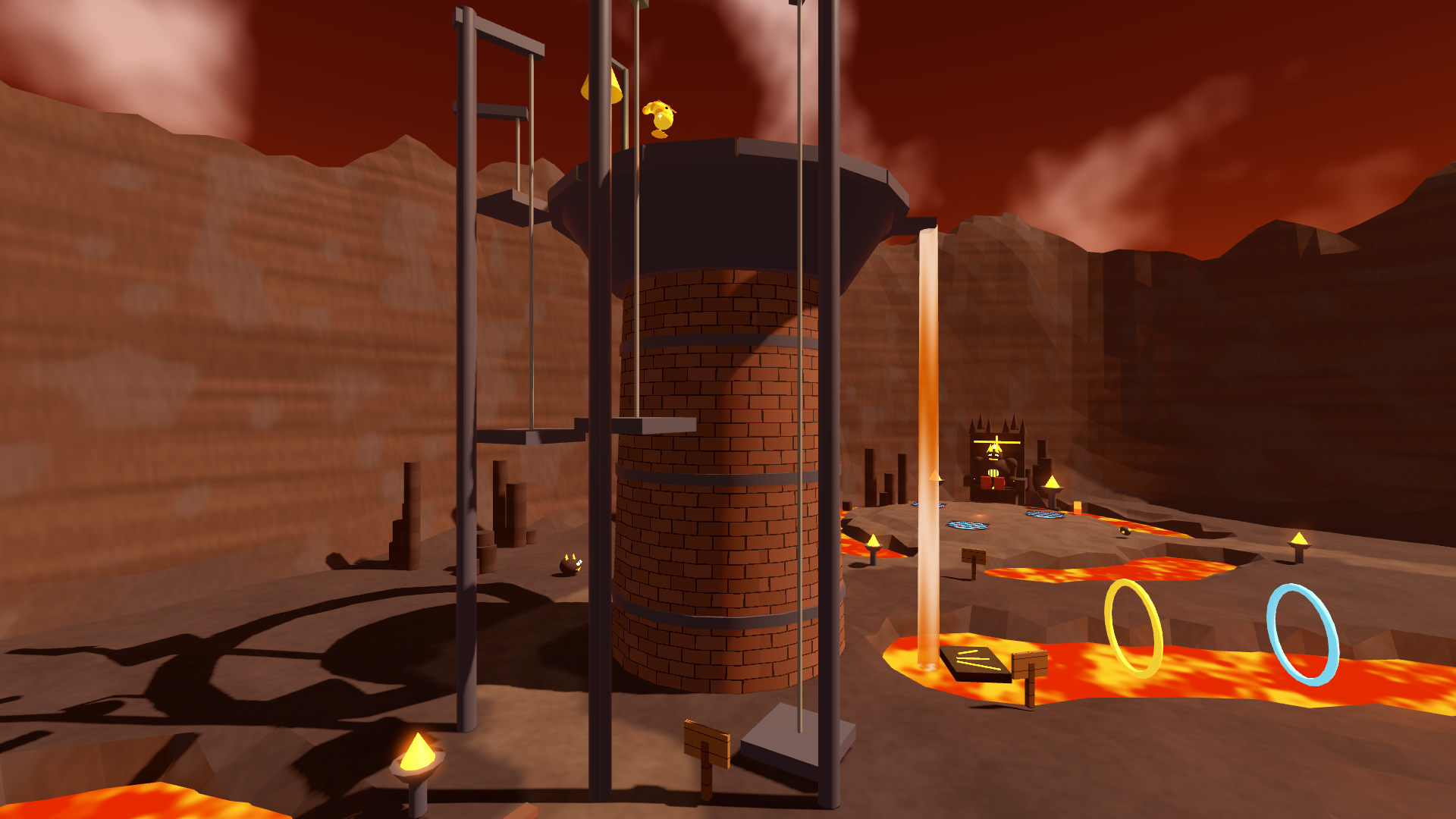 The crucible with its chain lifts and the lava falling into the river
