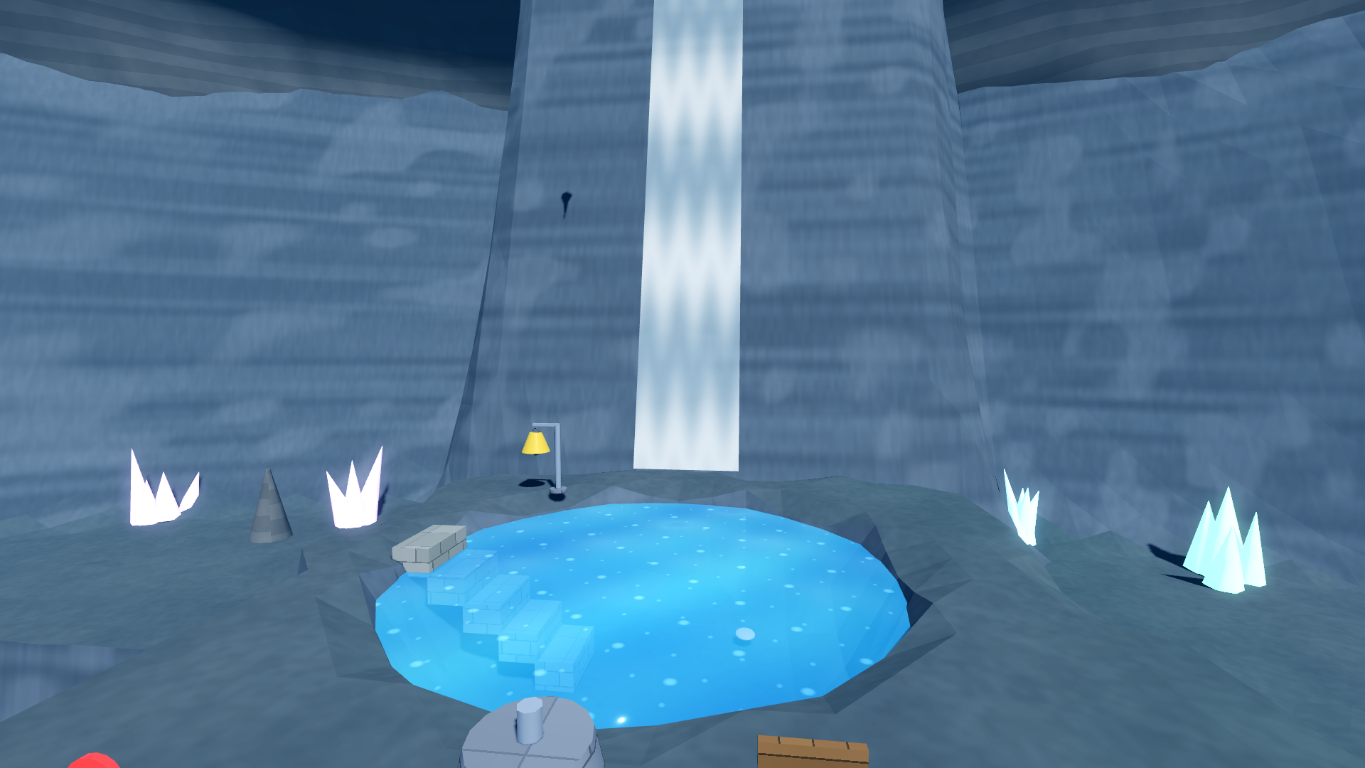 The Waterfall Hall with its pool and drain plug