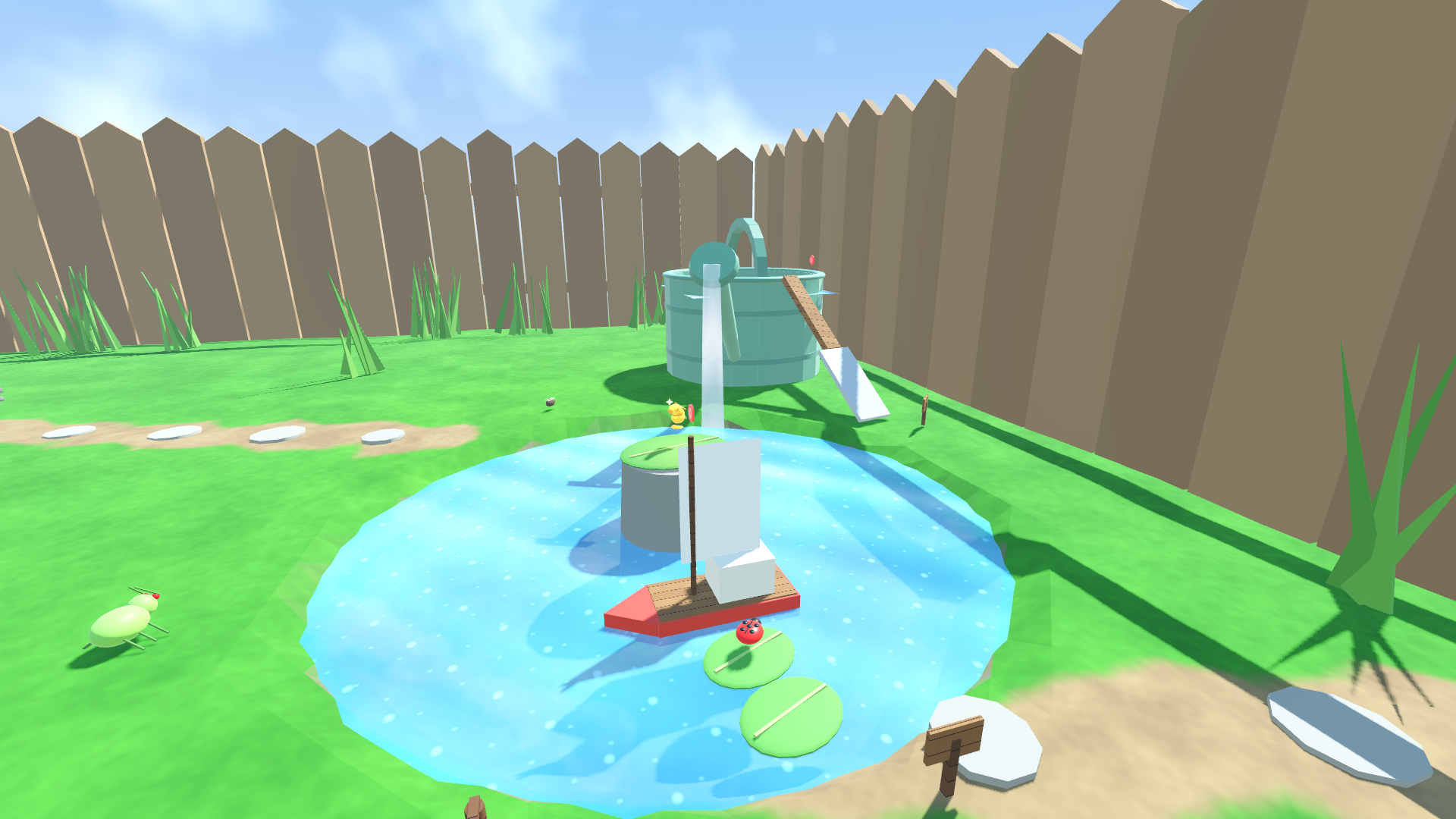 The pond with the toy sailboat and the giant watering can