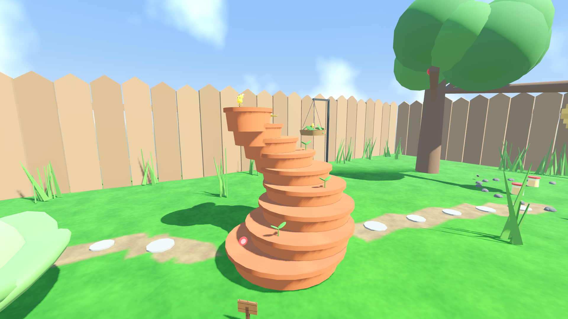 The wobbly flowerpot tower and the hanging basket