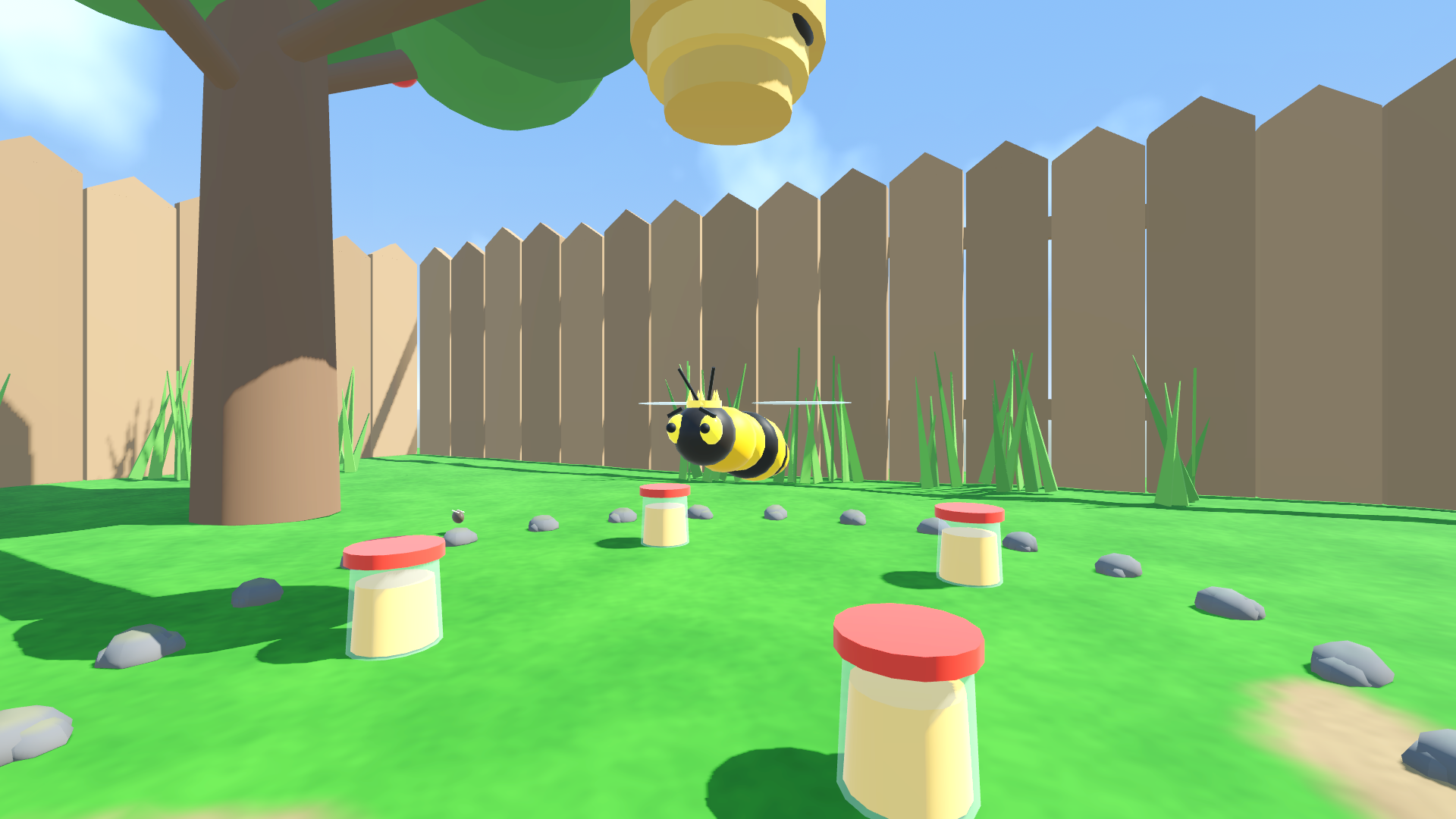 The Queen Bee under the apple tree, with honey jars