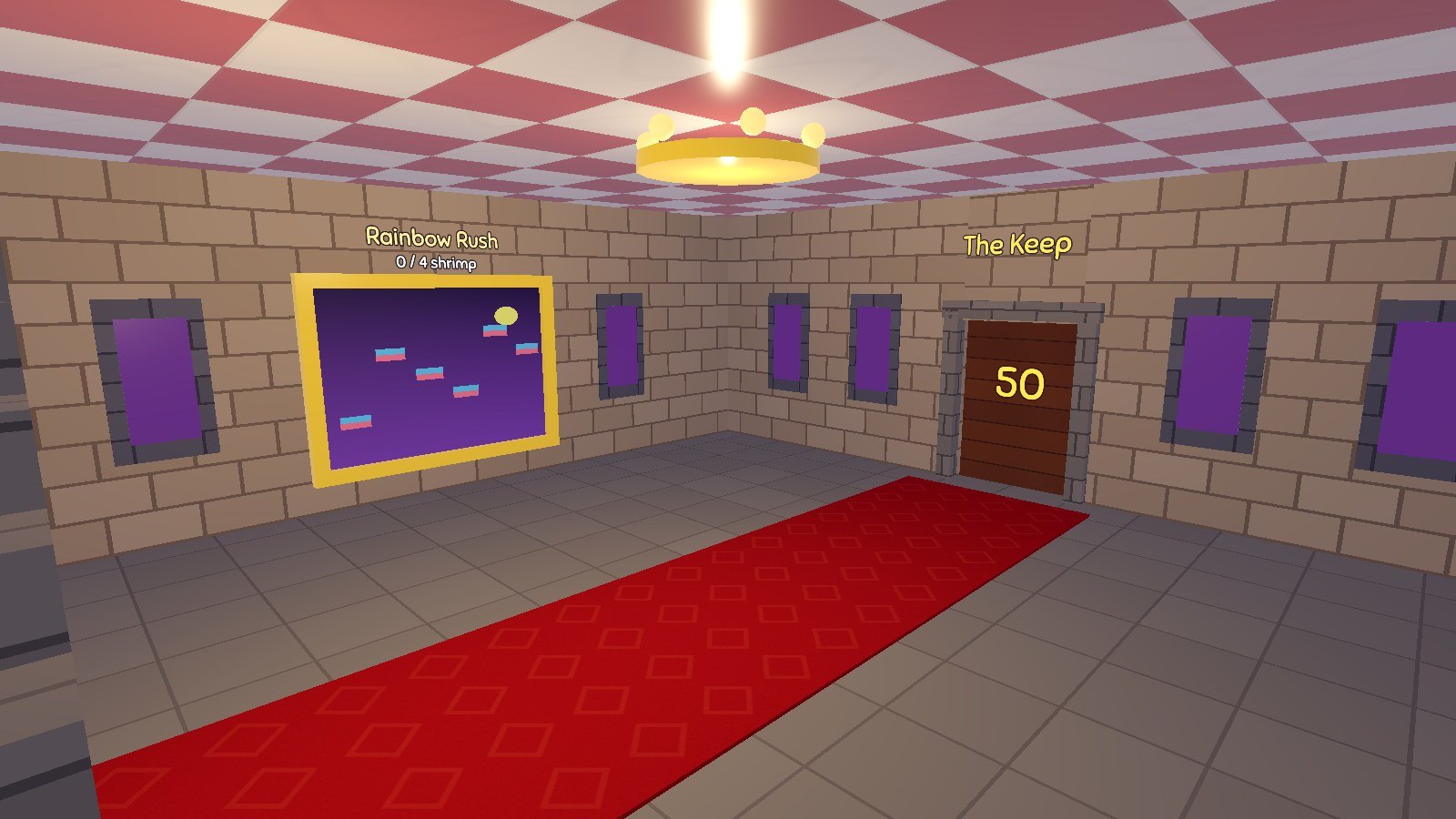 Inside the keep hall with the Rainbow Rush painting