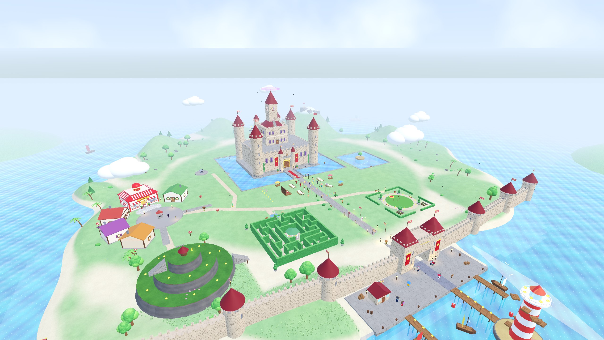 The palace island from above: the palace with its keep, the village, the hedge maze and topiary garden, the town wall with its gatehouse, the harbour and the lighthouse