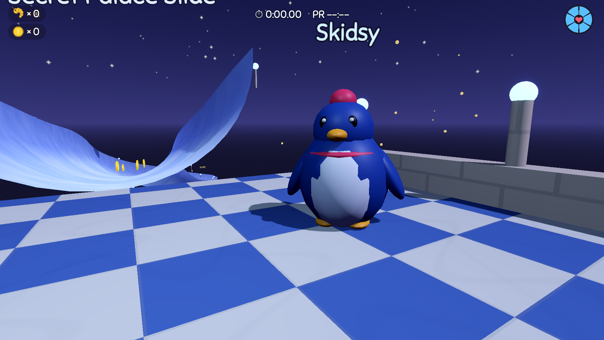 Skidsy the penguin waiting at the top of the slide