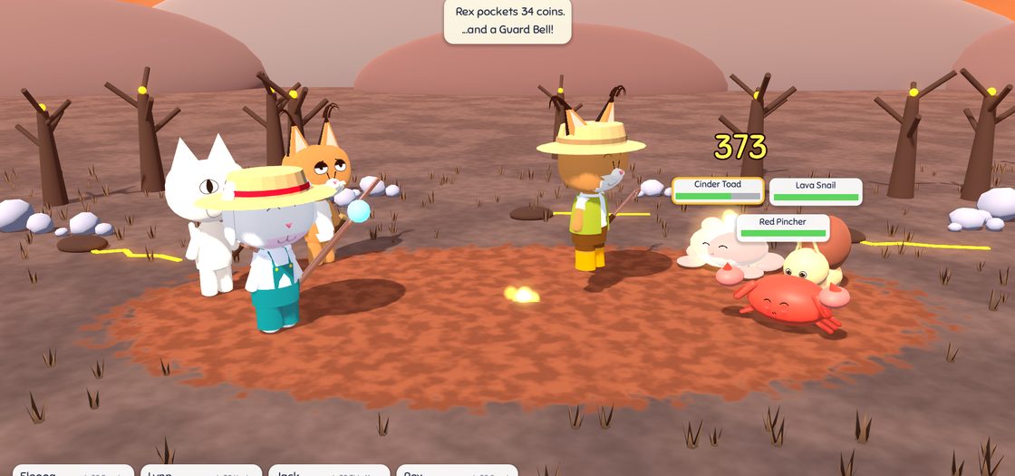 A battle on Volcanic Island with glowing lava cracks around the clearing