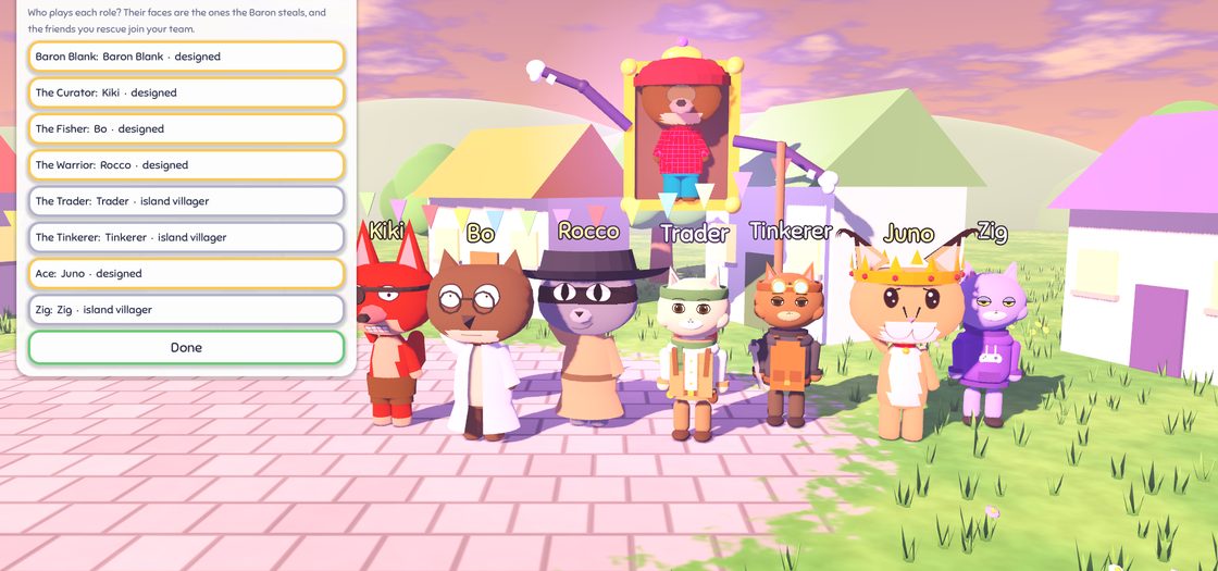 The Floppatopia story cast screen with seven characters in a row