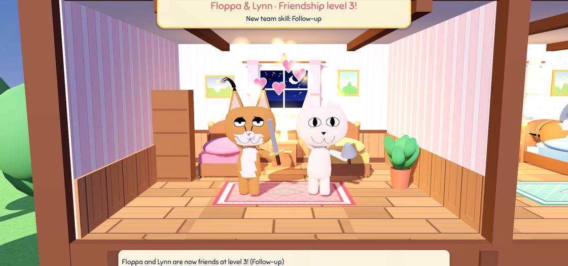 A friendship level-up celebration in an inn bedroom
