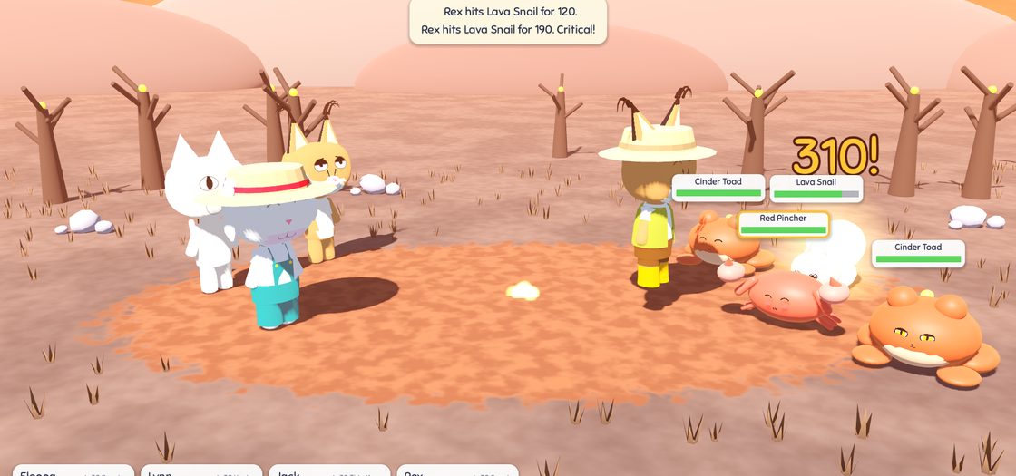 A Floppatopia battle with cinder toads and a lava snail, and a critical hit of 310
