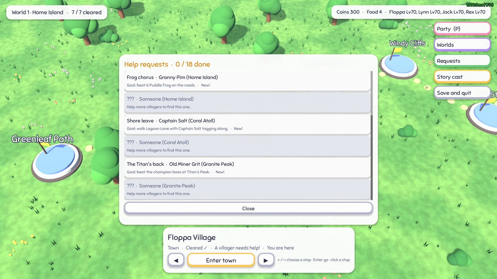 The list of villager requests on the world map