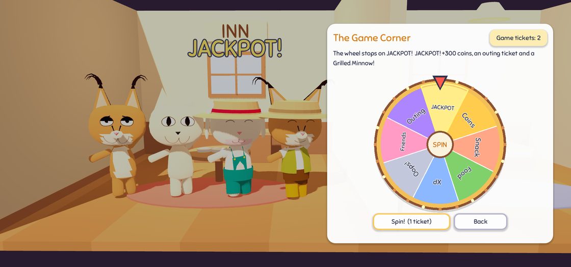 The prize wheel at the inn's Game Corner stopped on the jackpot